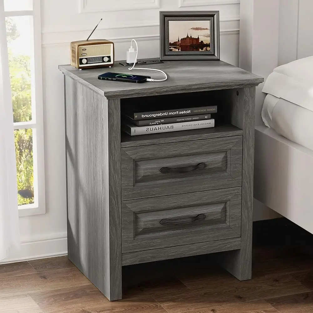 Bedside Charging Station Table with Storage Drawers and USB Ports, Rustic Gray End Table
Bedside Charging Station Table with Storage Drawers and USB Ports, Rustic Gray End Table