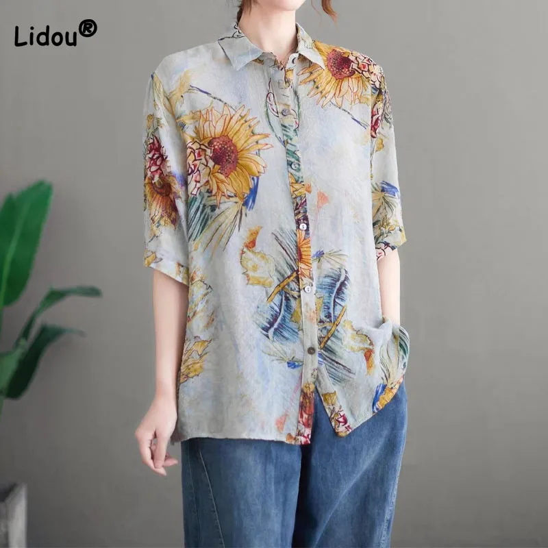 Casual Elegant Female Floral Printed Polo-Neck Blouse Fashion Loose Short Sleeve Single-breasted Shirt Summer Women's Clothing
Casual Elegant Female Floral Printed Polo-Neck Blouse Fashion Loose Short Sleeve Single-breasted Shirt Summer Women's Clothing