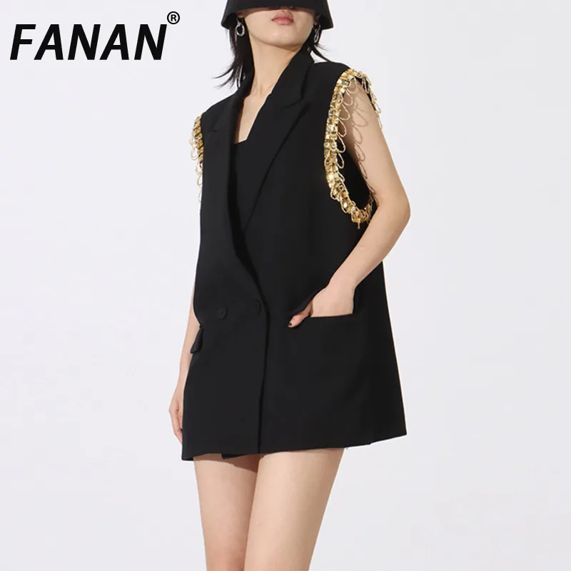 FANAN Tassel Spliced Design Vest For Women Double Breasted Mid-length Black Coats Tide Female Jackets Fashion 2025 Spring New
FANAN Tassel Spliced Design Vest For Women Double Breasted Mid-length Black Coats Tide Female Jackets Fashion 2025 Spring New