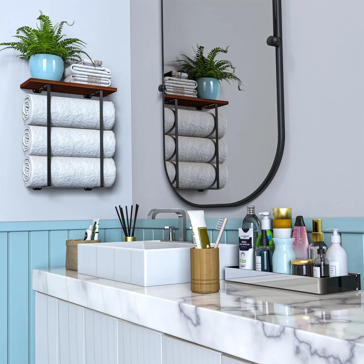 Вешалки для полотенец для ванной комнаты, настенные с деревянной полкой, держатель для банных полотенец для рулонных полотенец, металлический органайзер для хранения полотенец
Вешалки для полотенец для ванной комнаты, настенные с деревянной полкой, держатель для банных полотенец для рулонных полотенец, металлический органайзер для хранения полотенец