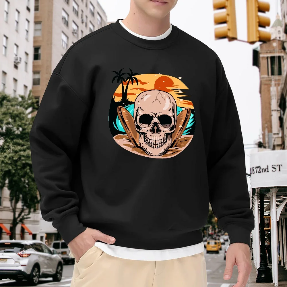 Men's Black Crew Neck Loose Sweatshirt, Retro Skull Surf Print Casual Top, Street Fashion Versatile Style, Comfortable and Breathable for Everyday Wear and Sports
Men's Black Crew Neck Loose Sweatshirt, Retro Skull Surf Print Casual Top, Street Fashion Versatile Style, Comfortable and Breathable for Everyday Wear and Sports