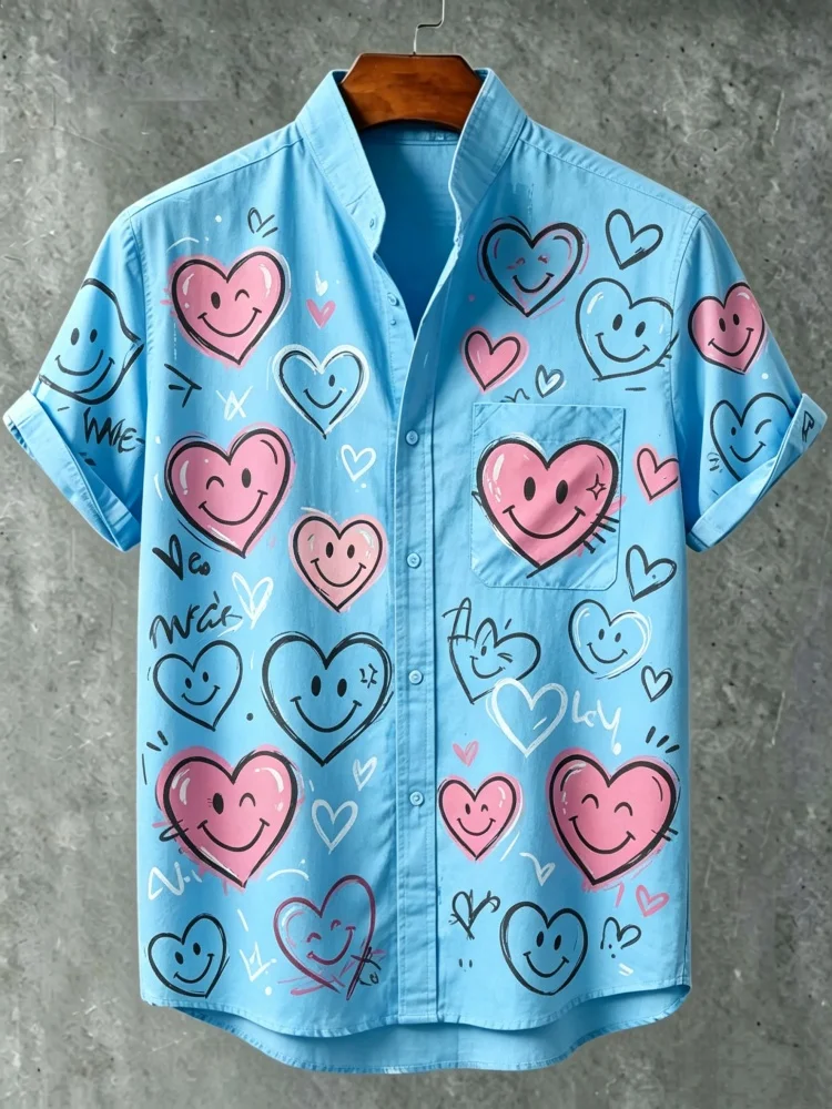 Men's Graffiti Heart Print Stand Collar Short Sleeve Shirt with Chest Pocket, Loose Comfort Casual Summer Top
Men's Graffiti Heart Print Stand Collar Short Sleeve Shirt with Chest Pocket, Loose Comfort Casual Summer Top