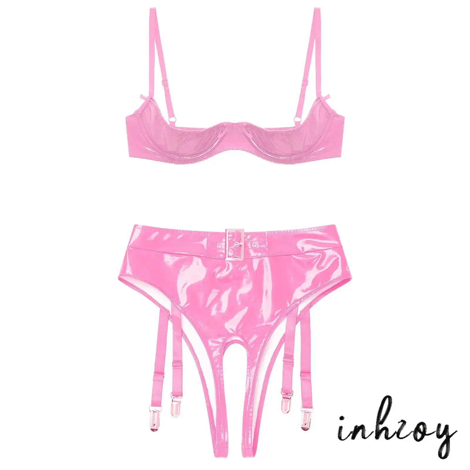 Women Wet Look PU Leather Lingerie Set 1/4 Cup Push-up Underwire Bra Top and Open Crotch Underwear with Garter Clips Nightwear
Women Wet Look PU Leather Lingerie Set 1/4 Cup Push-up Underwire Bra Top and Open Crotch Underwear with Garter Clips Nightwear