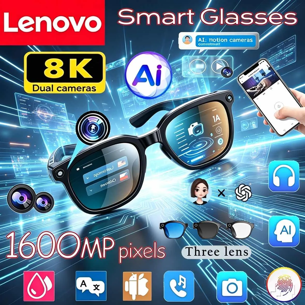 Lenovo 8K HD AI Smart Glasses 1600WCamera Dual Real-time Translation Bluetooth Call Shoot Audio Video Music Play Sunglasses 2026
Lenovo 8K HD AI Smart Glasses 1600WCamera Dual Real-time Translation Bluetooth Call Shoot Audio Video Music Play Sunglasses 2026