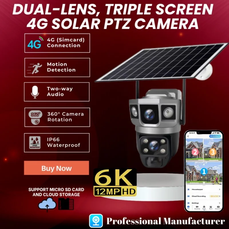4G Solar Powered IP Camera Dual Lens PTZ Wireless Outdoor Waterproof Home Security Cam with Auto Tracking PIR Full Color IR HD
4G Solar Powered IP Camera Dual Lens PTZ Wireless Outdoor Waterproof Home Security Cam with Auto Tracking PIR Full Color IR HD