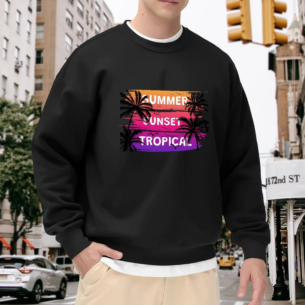 Men's Black Crew Neck Sweatshirt, Loose Fit, Tropical Sunset Palm Tree Letter Print, Casual Street Style Top, Versatile for Everyday Wear, Comfortable and Breathable
Men's Black Crew Neck Sweatshirt, Loose Fit, Tropical Sunset Palm Tree Letter Print, Casual Street Style Top, Versatile for Everyday Wear, Comfortable and Breathable