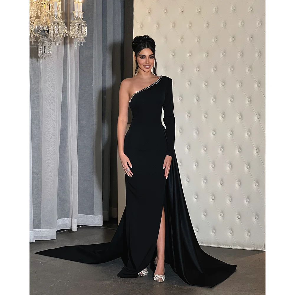 Black Prom Dresses Crystal One Shoulder Long Sleeves Jersey Evening Gowns Mermaid Thigh Slit Elegant Party Dress Customized
Black Prom Dresses Crystal One Shoulder Long Sleeves Jersey Evening Gowns Mermaid Thigh Slit Elegant Party Dress Customized