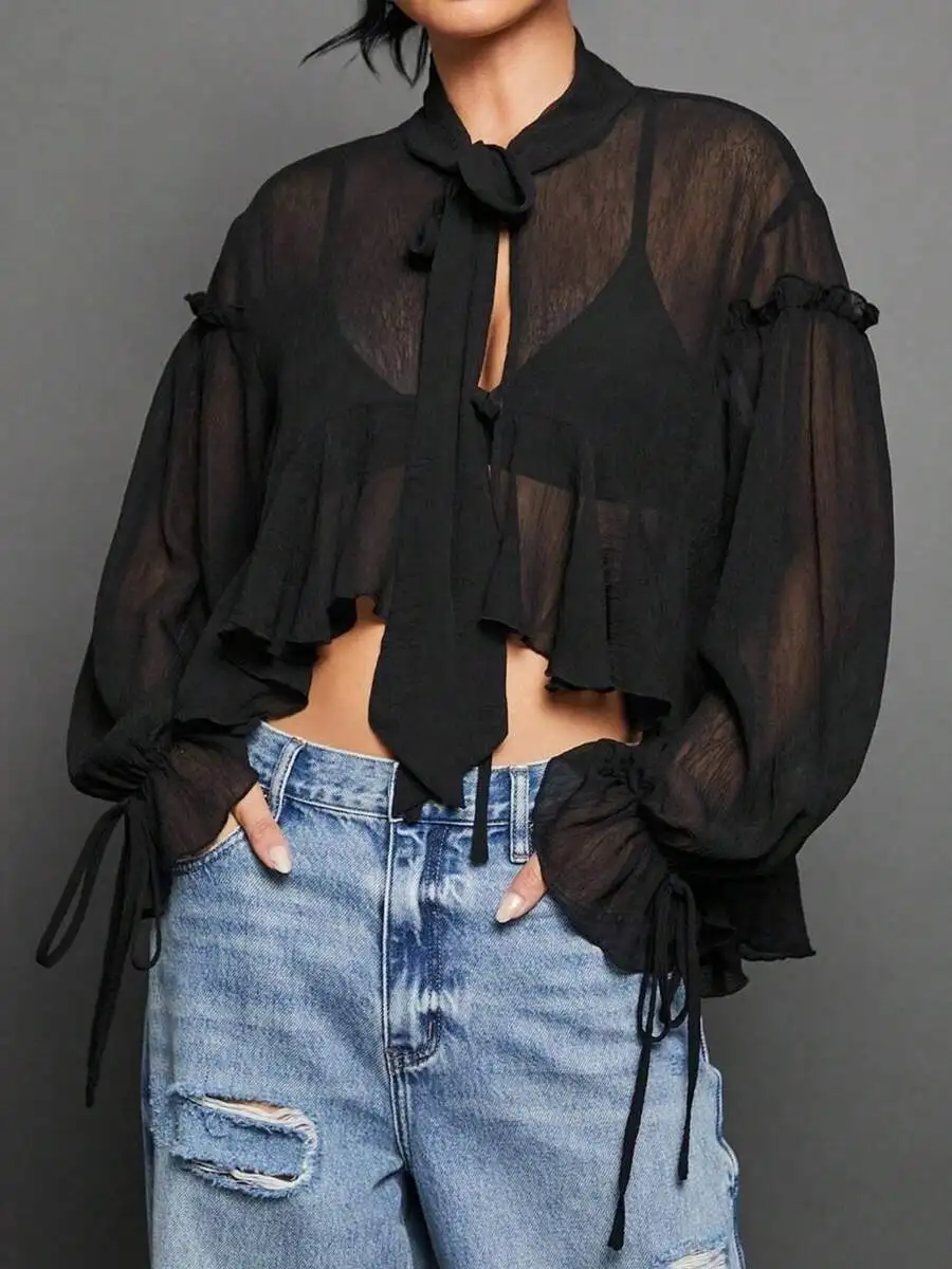 Womens Sheer Chiffon Tie-Front Blouse With Ruffled Lantern Sleeves And Irregular Hem
Womens Sheer Chiffon Tie-Front Blouse With Ruffled Lantern Sleeves And Irregular Hem