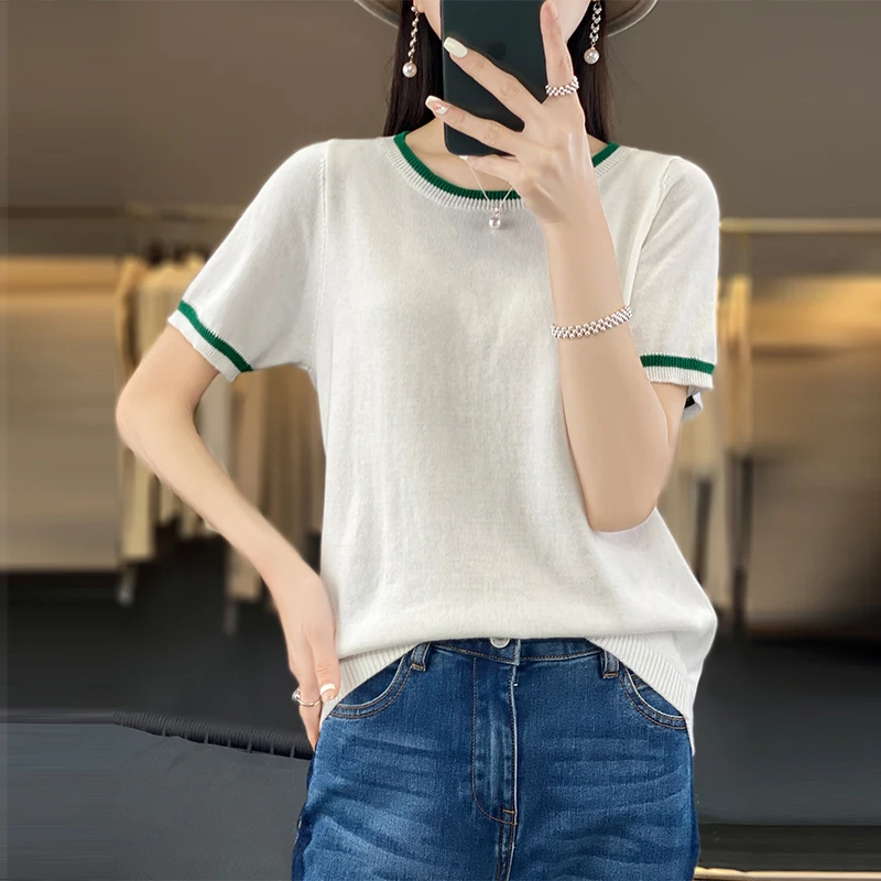 New Knitted Women's O-neck Pure Cotton Top T-shirt Color blocking Fashion Short Women's Short Sleeve 100% Cotton Pullover
New Knitted Women's O-neck Pure Cotton Top T-shirt Color blocking Fashion Short Women's Short Sleeve 100% Cotton Pullover