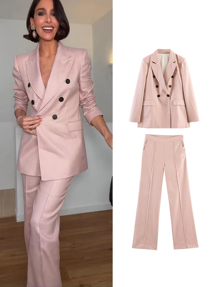 TFMLN Women Pink Double Breasted Blazer Set Fashion Slim Long Sleeve Coat With Pocket And Straight Trousers Commuter Outfit
TFMLN Women Pink Double Breasted Blazer Set Fashion Slim Long Sleeve Coat With Pocket And Straight Trousers Commuter Outfit