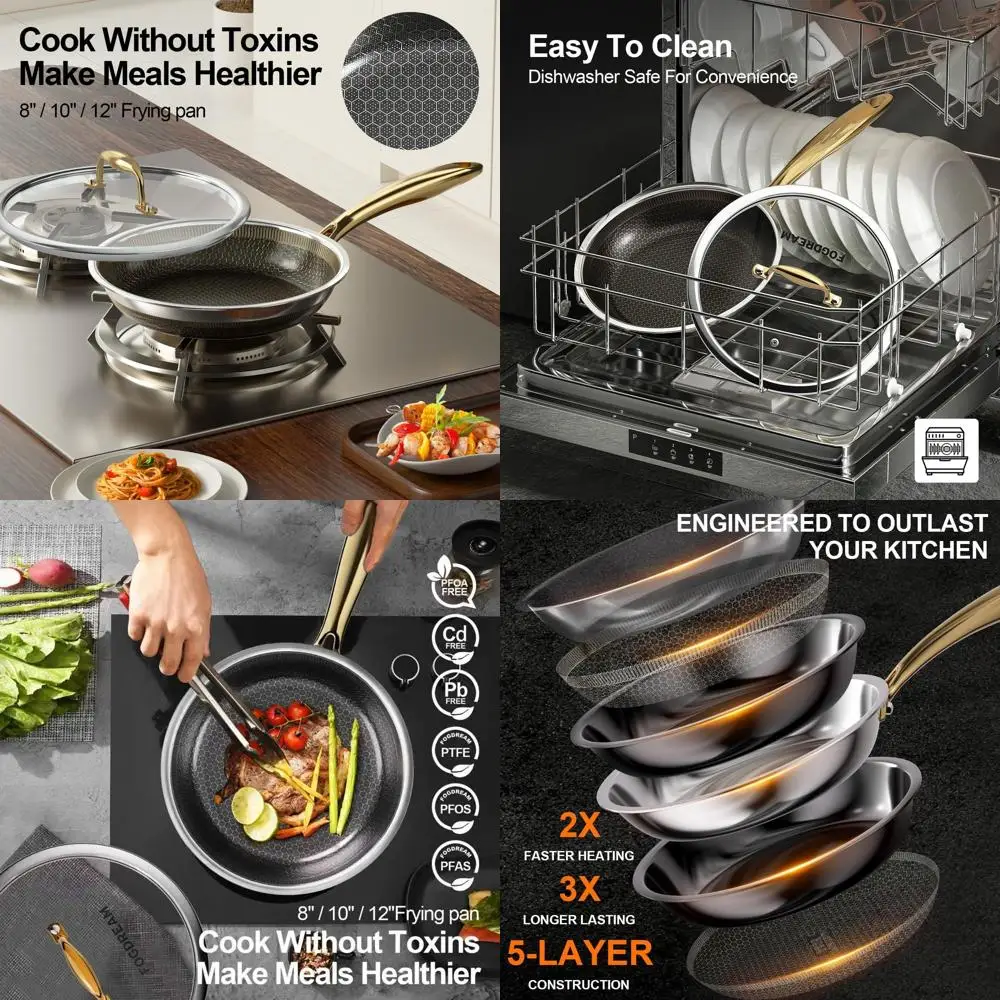 12-дюймовая сковорода из нержавеющей стали с антипригарным покрытием и крышкой, трехслойная конструкция, подходит для всех варочных панелей, духов и посудомоечной машины, C
12-дюймовая сковорода из нержавеющей стали с антипригарным покрытием и крышкой, трехслойная конструкция, подходит для всех варочных панелей, духов и посудомоечной машины, C