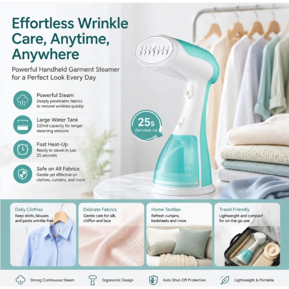 Handheld Garment Steamer, 25s Fast Heat-Up Portable Clothes Steamer with 220ml Large Water Tank, Fabric Wrinkle Remover for Home & Travel, Safe for All Fabrics
Handheld Garment Steamer, 25s Fast Heat-Up Portable Clothes Steamer with 220ml Large Water Tank, Fabric Wrinkle Remover for Home & Travel, Safe for All Fabrics