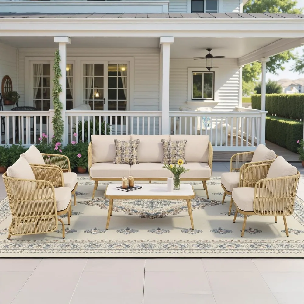 Patio Furniture Set-6 Pieces All-Weather Wicker Outdoor Furniture with Coffee Table and Rocking Wicker Chairs, Patio Conversatio 
Patio Furniture Set-6 Pieces All-Weather Wicker Outdoor Furniture with Coffee Table and Rocking Wicker Chairs, Patio Conversatio