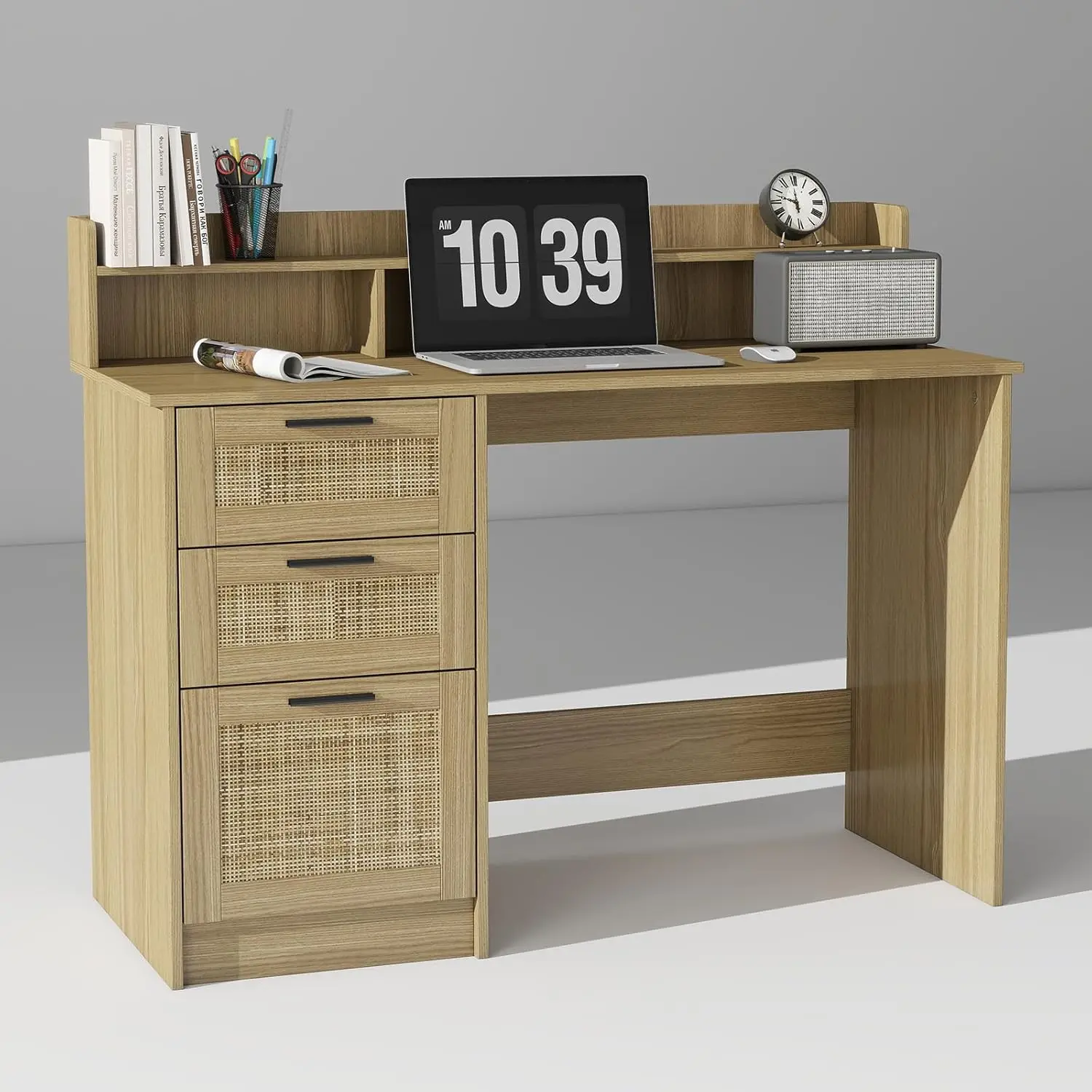 Computer Desk with Rattan Drawers and Hutch - 47 Inch Home Office Boho Writing Desk with Storage File Drawer & Monitor, Custom
Computer Desk with Rattan Drawers and Hutch - 47 Inch Home Office Boho Writing Desk with Storage File Drawer & Monitor, Custom