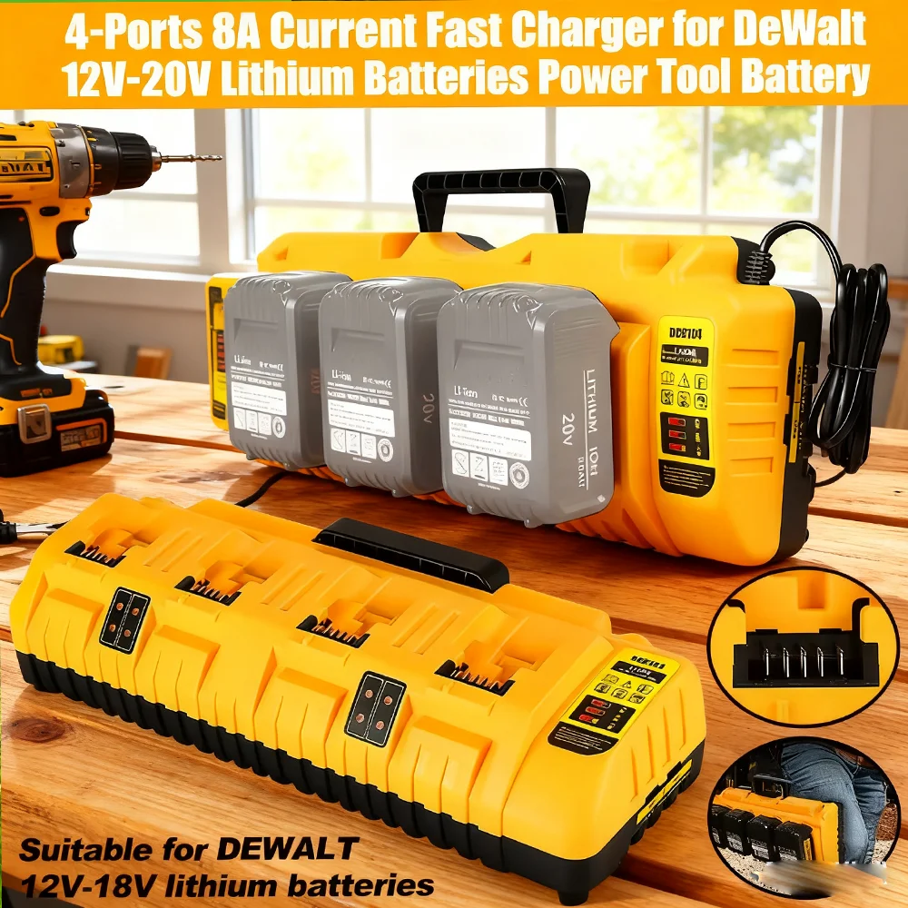 DCB104 /4-Ports 8A Current Fast Charger, for DeWalt 12V-20V Lithium Batteries Power Tool Battery Charger ,with Dual USB Port
DCB104 /4-Ports 8A Current Fast Charger, for DeWalt 12V-20V Lithium Batteries Power Tool Battery Charger ,with Dual USB Port