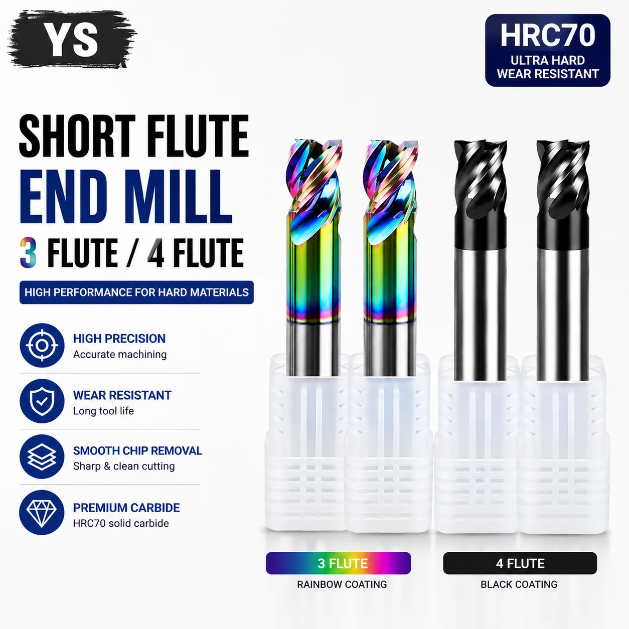 HRC70 Carbide End Mill Short Flute CNC Milling Cutter 3 Flute Rainbow Coating 4 Flute Black Coating for Stainless Steel Aluminum
HRC70 Carbide End Mill Short Flute CNC Milling Cutter 3 Flute Rainbow Coating 4 Flute Black Coating for Stainless Steel Aluminum