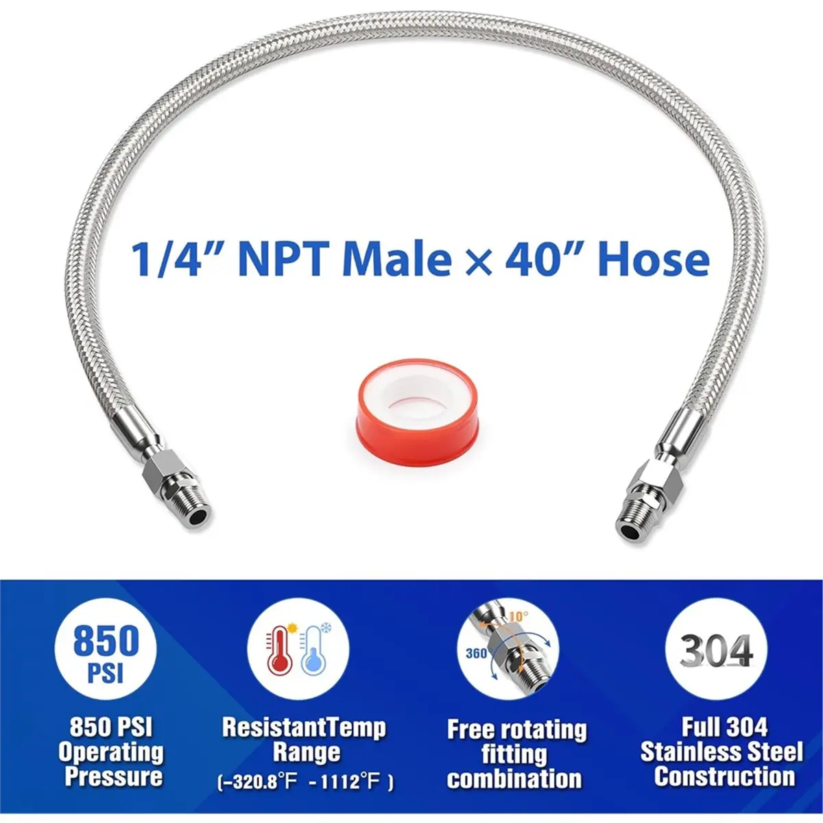 1/4" X 40" Flexible Compressor Jumper Hose -Corrugated Stainless Core, Braided Cover, 870 PSI, 1/4" NPT Swivel Male Ends
1/4" X 40" Flexible Compressor Jumper Hose -Corrugated Stainless Core, Braided Cover, 870 PSI, 1/4" NPT Swivel Male Ends