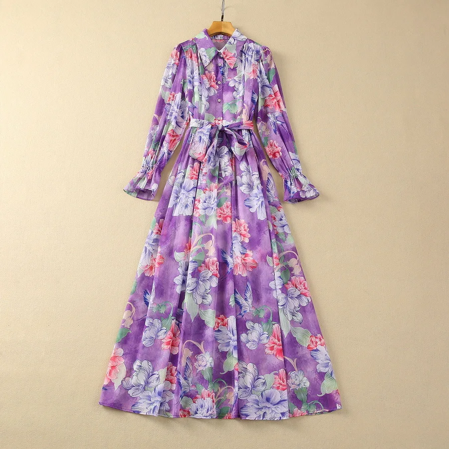 European and American women's clothes 2024 spring new Lapel flared long sleeves Purple flower print fashion Pleated dress XXL
European and American women's clothes 2024 spring new Lapel flared long sleeves Purple flower print fashion Pleated dress XXL