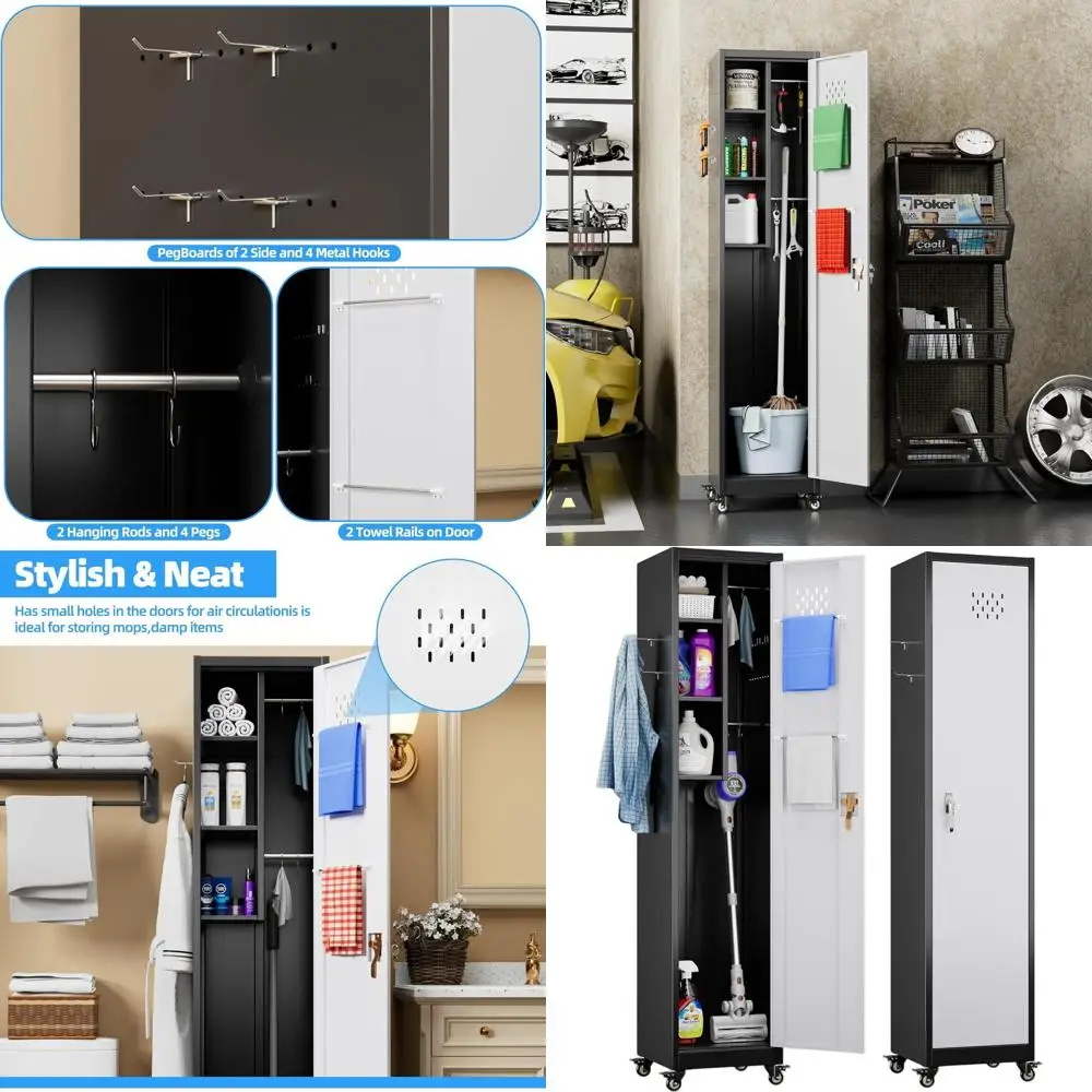 Металлический гаражный шкаф для хранения 72 дюйма с колесами, перфорированной панелью, запирающейся дверцей, крючками для швабр и метел, черно-белый
Металлический гаражный шкаф для хранения 72 дюйма с колесами, перфорированной панелью, запирающейся дверцей, крючками для швабр и метел, черно-белый