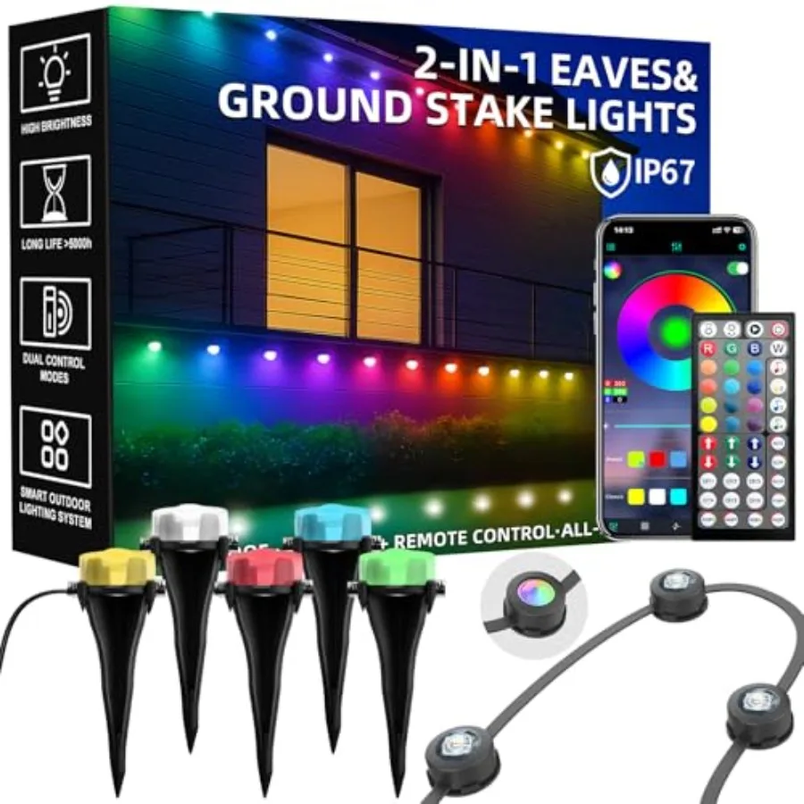 Permanent Outdoor Lights Waterproof 2-in-1 Eaves and Ground Stakes LED String Lights with App/Remote Control for House Garden S
Permanent Outdoor Lights Waterproof 2-in-1 Eaves and Ground Stakes LED String Lights with App/Remote Control for House Garden S