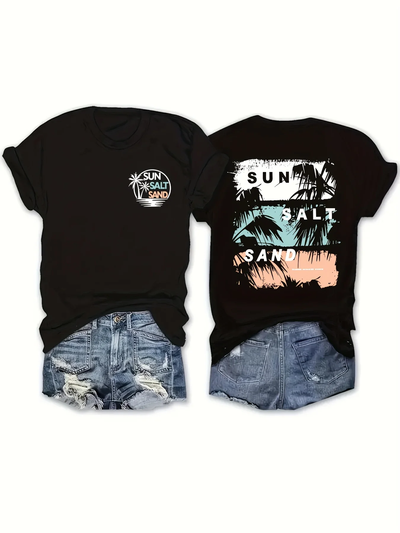 Plus - Size Black Round Neck T - Shirt with 'Sun Salt Sand' Beach - themed Print: Tropical and Relaxing
Plus - Size Black Round Neck T - Shirt with 'Sun Salt Sand' Beach - themed Print: Tropical and Relaxing