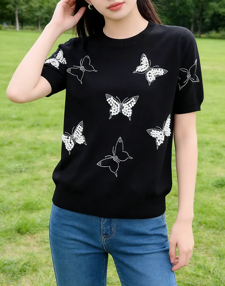 Женские футболки с круглым вырезом и короткими рукавами, расшитые бисером, в корейском стиле, с животным принтом, шикарные модные женские футболки с жемчугом и панелями, новинка 2023 года, Young OL
Женские футболки с круглым вырезом и короткими рукавами, расшитые бисером, в корейском стиле, с животным принтом, шикарные модные женские футболки с жемчугом и панелями, новинка 2023 года, Young OL