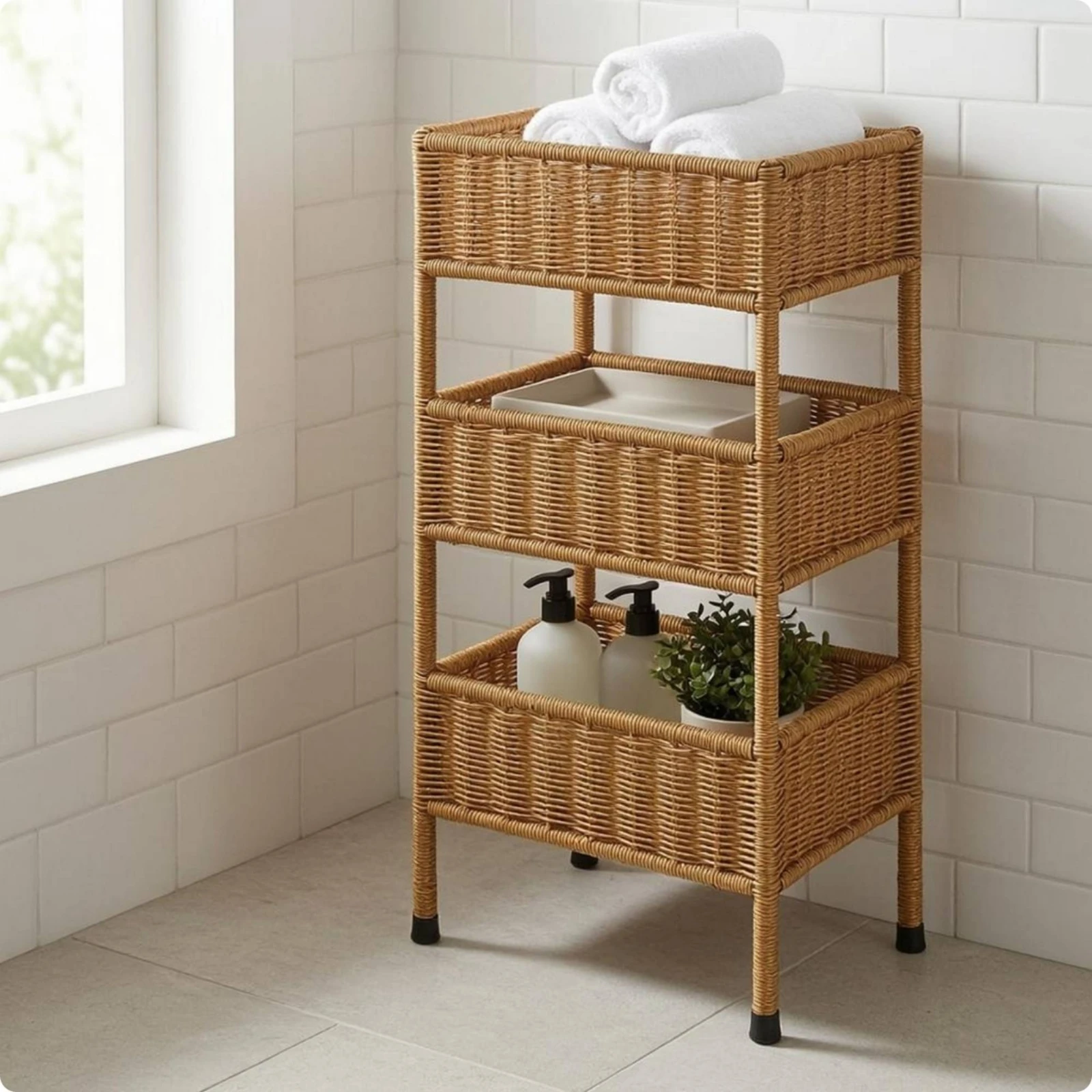 3 Tier Rattan Shelf Exposed Tiers Rattan Storage Rack Three-Tier Storage Rack Slender Legs Multi-Purpose for Display
3 Tier Rattan Shelf Exposed Tiers Rattan Storage Rack Three-Tier Storage Rack Slender Legs Multi-Purpose for Display