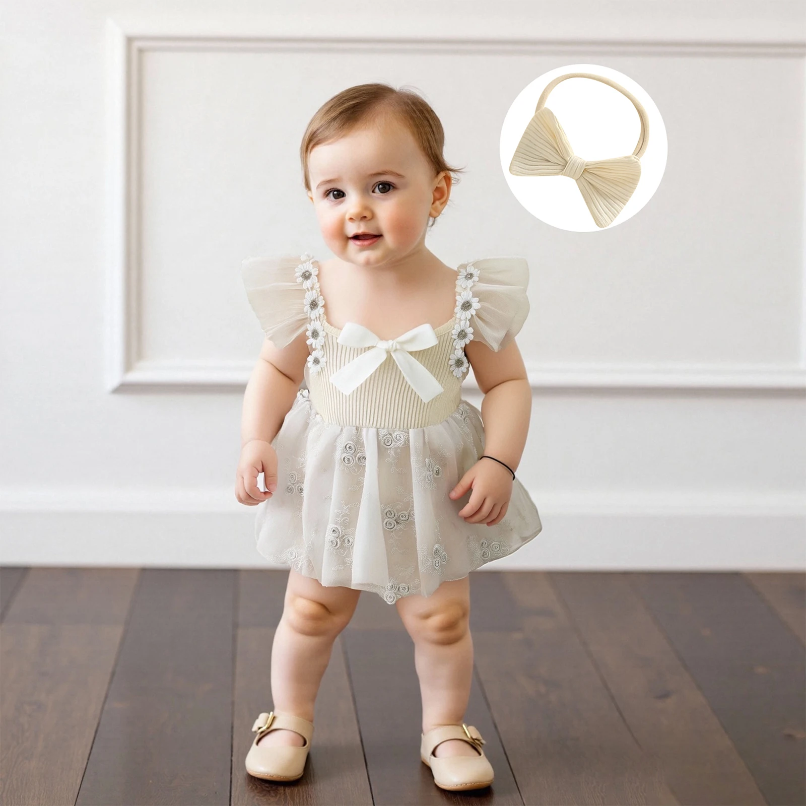 Baby Girls Mesh Romper Dress Summer Casual Floral Embroidery Fly Sleeves Jumpsuit and Headband Set Fashion Clothes
Baby Girls Mesh Romper Dress Summer Casual Floral Embroidery Fly Sleeves Jumpsuit and Headband Set Fashion Clothes