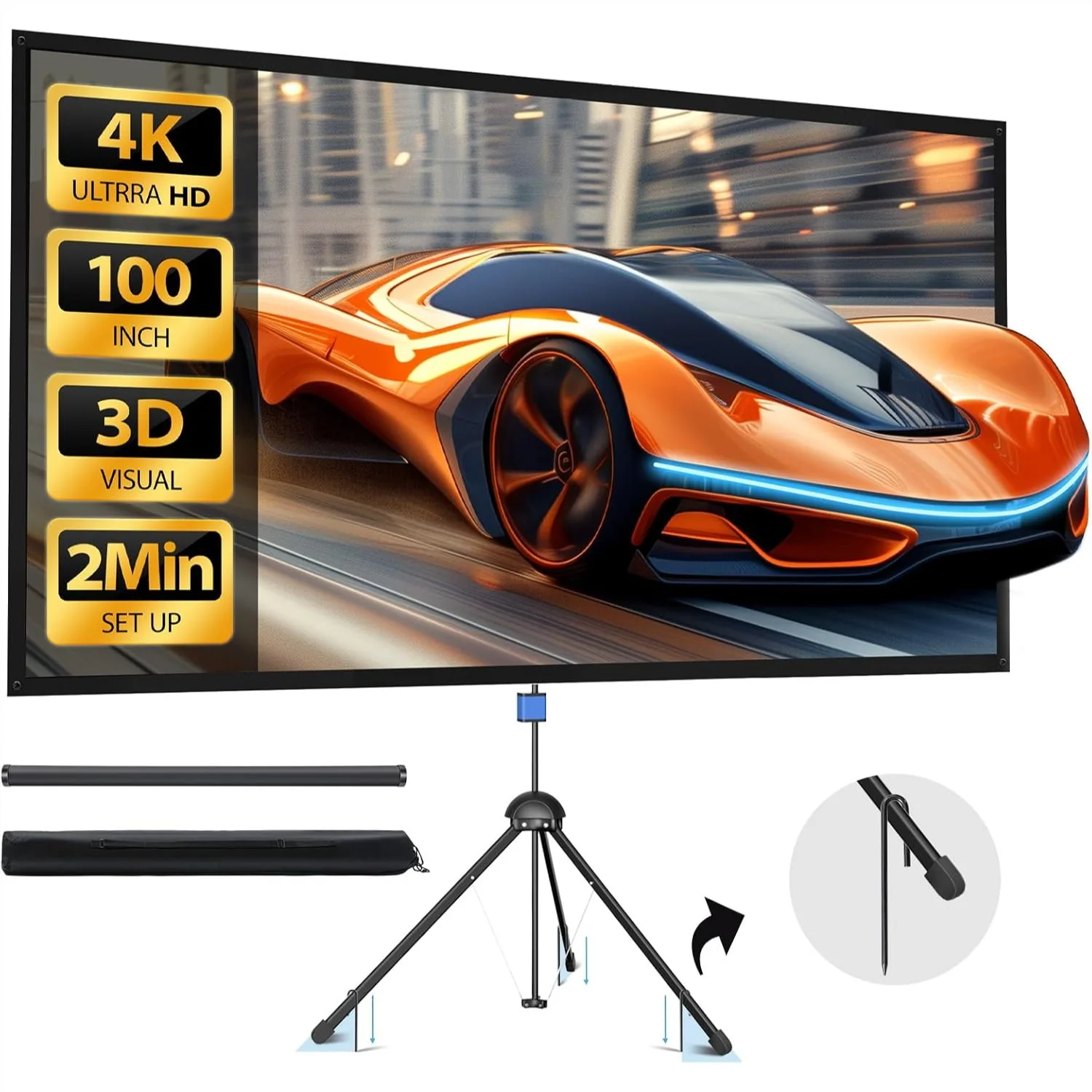 Projector Screen with Stand, 100" 16:9 4K HD PVC Screen, 1.5 Gain, Indoor/Outdoor Backyard Theater, Wall Hanging, Portable with
Projector Screen with Stand, 100" 16:9 4K HD PVC Screen, 1.5 Gain, Indoor/Outdoor Backyard Theater, Wall Hanging, Portable with