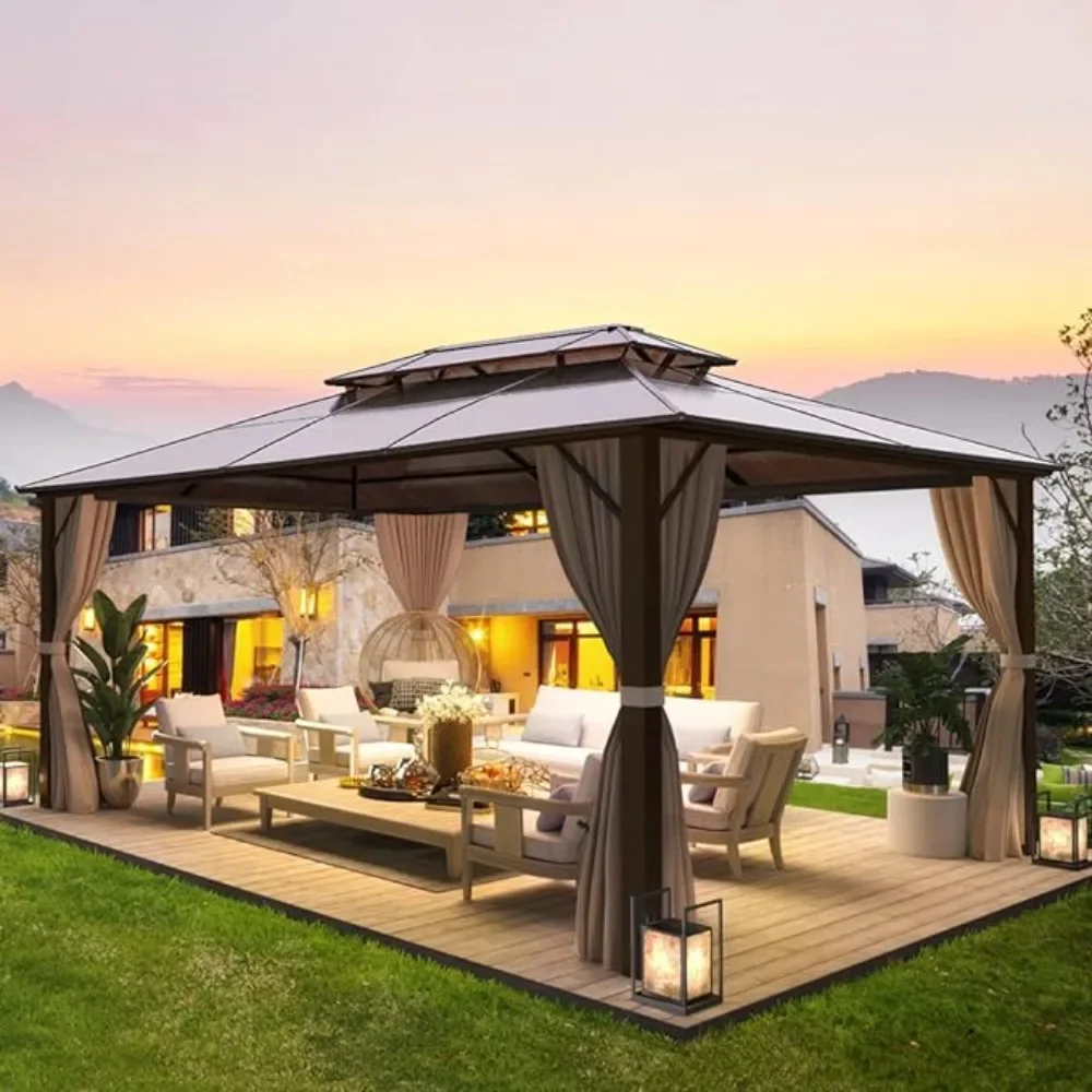 10'x13' Hardtop Gazebo, Outdoor Polycarbonate Double Roof Canopy, Aluminum Frame Permanent Pavilion with Curtains and Netting
10'x13' Hardtop Gazebo, Outdoor Polycarbonate Double Roof Canopy, Aluminum Frame Permanent Pavilion with Curtains and Netting