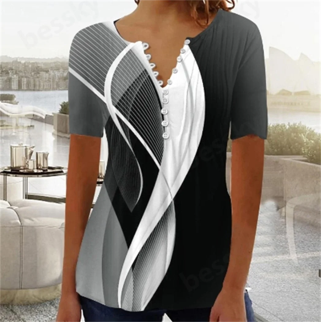 Women's summer new chest button pleated casual short sleeved T-shirt top 
Women's summer new chest button pleated casual short sleeved T-shirt top