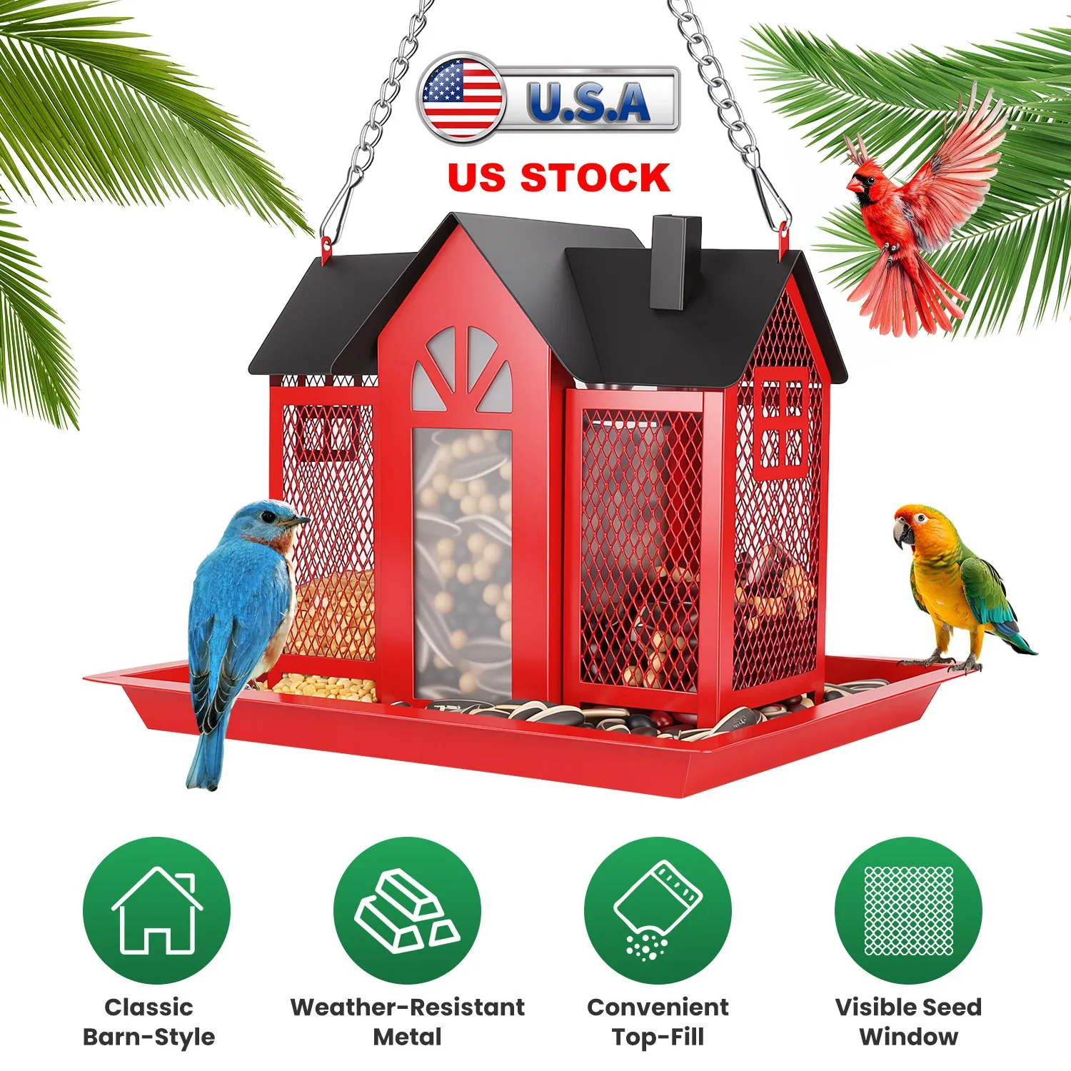 Metal Hanging Bird Feeder House Classic Barn Bird Feeder House Iron Hanging Outdoor Feeder with Visible Window and Lift Top Lid 15.75in Hanging Length
Metal Hanging Bird Feeder House Classic Barn Bird Feeder House Iron Hanging Outdoor Feeder with Visible Window and Lift Top Lid 15.75in Hanging Length