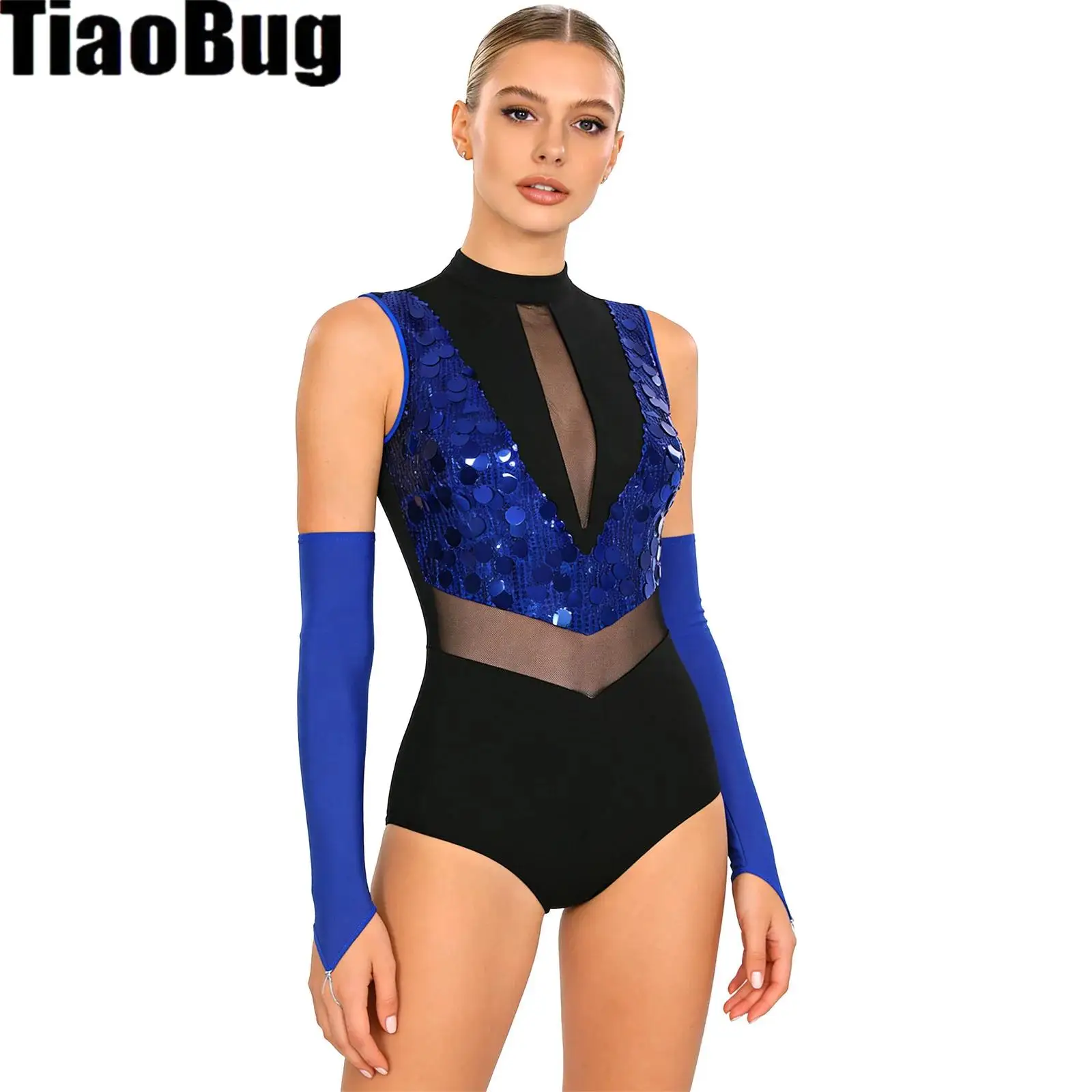 Women Shiny Sequin Leotard Mock Neck Sleeveless Sheer Mesh Waist Cutout Back Sparkling Sequins Color Block Bodysuit with Gloves
Women Shiny Sequin Leotard Mock Neck Sleeveless Sheer Mesh Waist Cutout Back Sparkling Sequins Color Block Bodysuit with Gloves