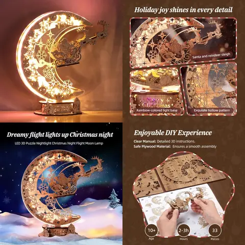 Led 3d quebra-cabeça de madeira natal noite vôo lua lâmpada diy artesanato kit festivo nightlight para decoração do feriado único para adultos e