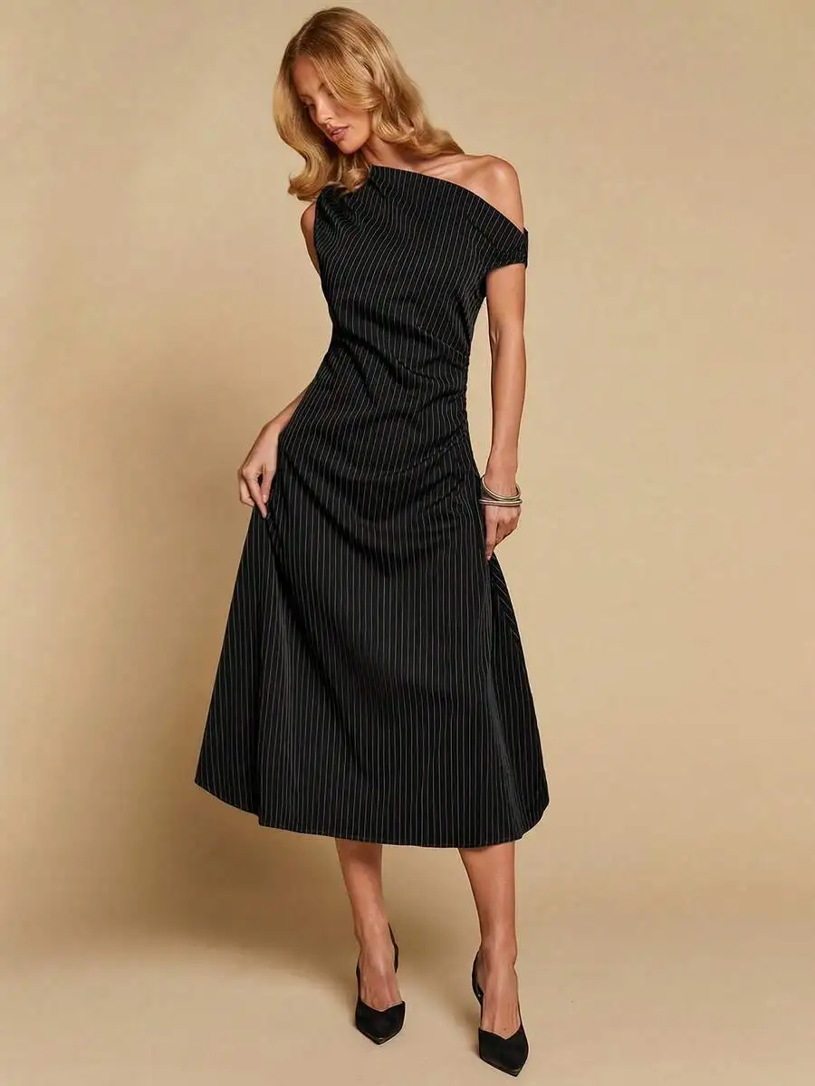 Elegant Asymmetric Off-Shoulder Striped Midi Dress For Women Office Work Minimalist Style
Elegant Asymmetric Off-Shoulder Striped Midi Dress For Women Office Work Minimalist Style