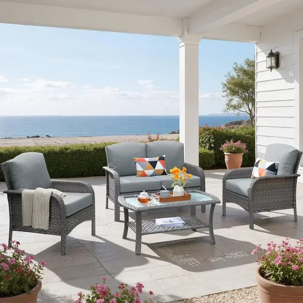 4-Piece Outdoor Patio Furniture Set with Glass Table, Weather-Resistant Wicker with Plush Cushions for Garden, Balcony, or Lawn,
4-Piece Outdoor Patio Furniture Set with Glass Table, Weather-Resistant Wicker with Plush Cushions for Garden, Balcony, or Lawn,