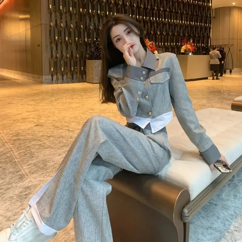 Women's Fake Two-piece Patchwork Blazers Jacket Wide Leg Pants Set with Vintage Contrasting Color Lapel Suit Office Wear Women
Women's Fake Two-piece Patchwork Blazers Jacket Wide Leg Pants Set with Vintage Contrasting Color Lapel Suit Office Wear Women