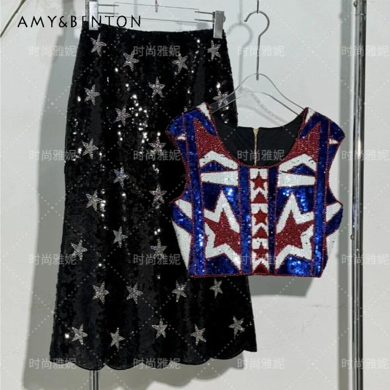 New Star Pattern Short Zipper Front And Back 2 Wear O-neck Sequined Beaded Top Medium And Long Skirt Women's Kawaii Y2k Clothes
New Star Pattern Short Zipper Front And Back 2 Wear O-neck Sequined Beaded Top Medium And Long Skirt Women's Kawaii Y2k Clothes