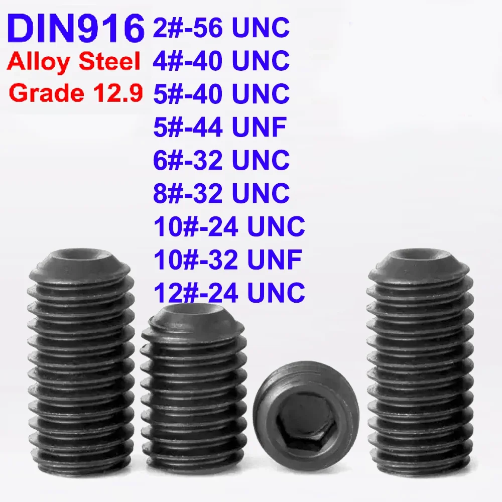 DIN916 2# 4# 6# 8# 10# 12# UNC UNF Grade 12.9 Alloy Steel Hex Socket Set Screws with Cup Point Headless Grub Bolts
DIN916 2# 4# 6# 8# 10# 12# UNC UNF Grade 12.9 Alloy Steel Hex Socket Set Screws with Cup Point Headless Grub Bolts