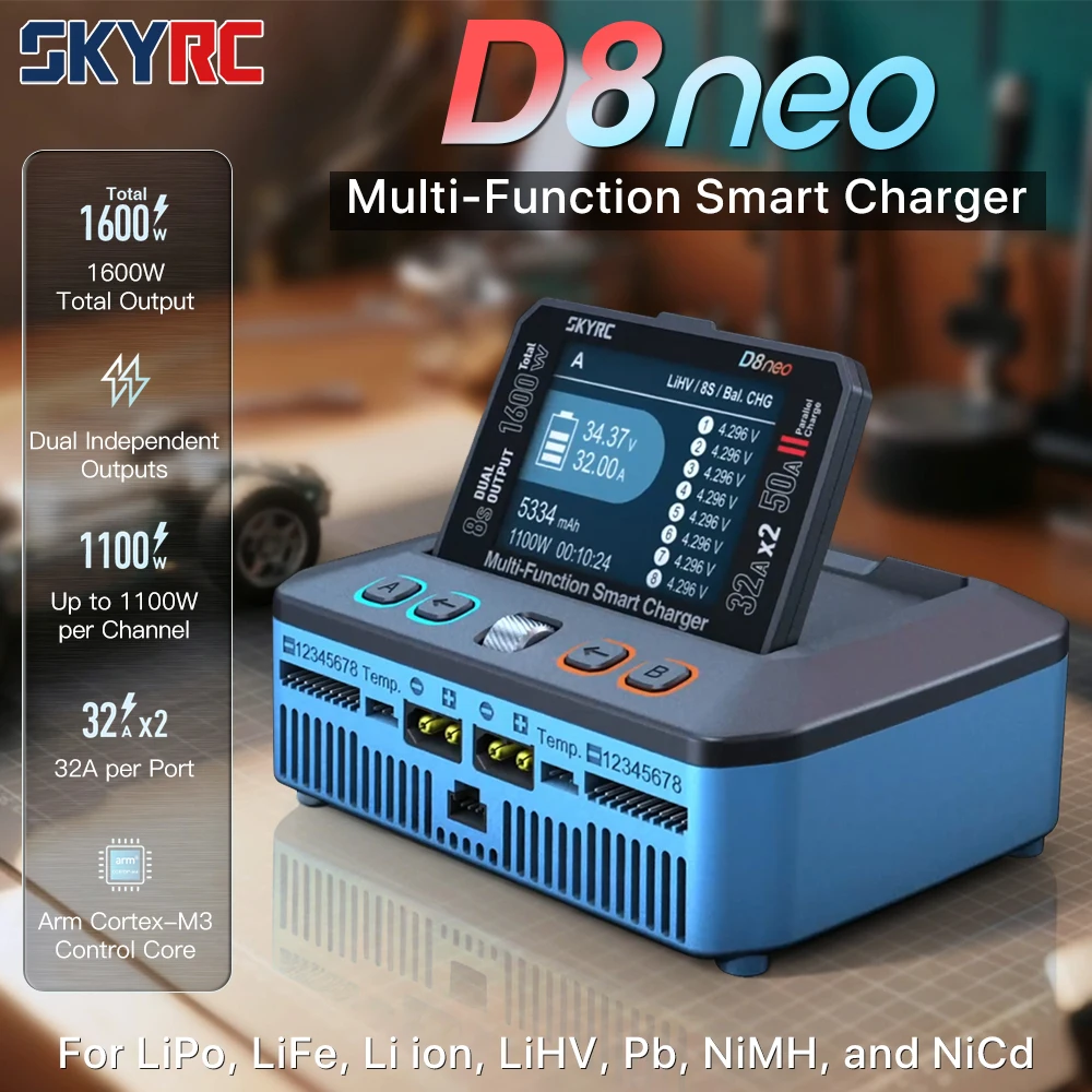 SKYRC D8neo Smart Charger Dual Outputs 1-8S 240x320Pixel Multi-Function Charger For LiPo LiFe Li ion LiHV Pb NiMH and NiCd
SKYRC D8neo Smart Charger Dual Outputs 1-8S 240x320Pixel Multi-Function Charger For LiPo LiFe Li ion LiHV Pb NiMH and NiCd
