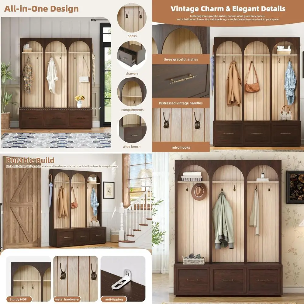 Walnut Entryway Organizer with Bench, 3 Storage Drawers, 6 Hooks, and Top Shelves, 59
Walnut Entryway Organizer with Bench, 3 Storage Drawers, 6 Hooks, and Top Shelves, 59