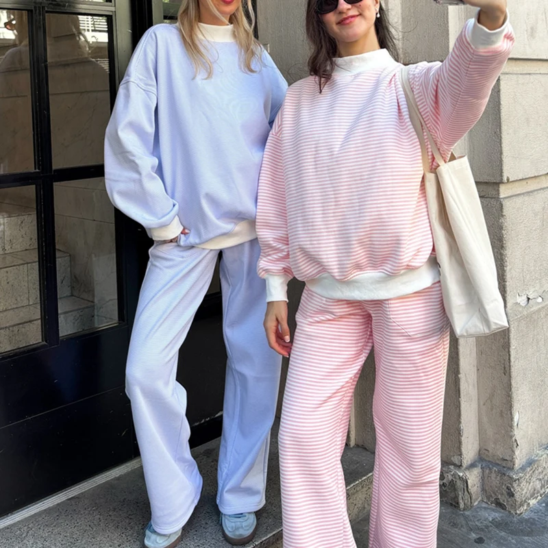Осенний комплект из 2 предметов в полоску, женские повседневные свободные пуловеры с контрастной отделкой и длинными рукавами, толстовка, топы + широкие брюки
Осенний комплект из 2 предметов в полоску, женские повседневные свободные пуловеры с контрастной отделкой и длинными рукавами, толстовка, топы + широкие брюки