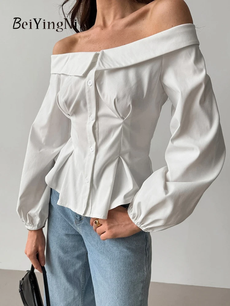 Beiyingni Sexy Elegant Female Shirts Slash Neck White Long Sleeve Tops for Women Single-breasted Off Shoulder Shirt OL Clothing
Beiyingni Sexy Elegant Female Shirts Slash Neck White Long Sleeve Tops for Women Single-breasted Off Shoulder Shirt OL Clothing