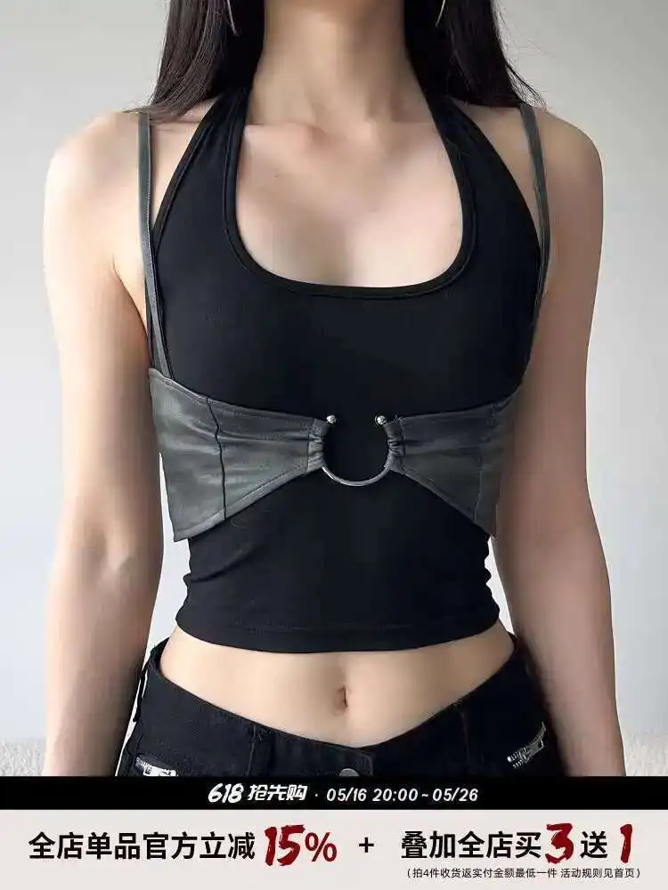 Women's Cool Sa Functional Metal Ring Buckle Leather True Two Piece Tank Top Design Sense Hanging Neck Black Top
Women's Cool Sa Functional Metal Ring Buckle Leather True Two Piece Tank Top Design Sense Hanging Neck Black Top