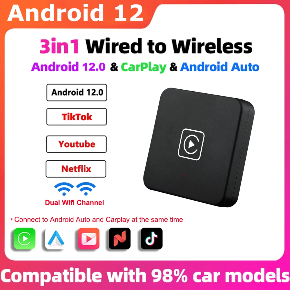 3in1 Wireless CarPlay Dongle Wireless Android Auto Adapter Dual Wifi Channel Android 12 AI TV Box With 3 Software Plug And Play
3in1 Wireless CarPlay Dongle Wireless Android Auto Adapter Dual Wifi Channel Android 12 AI TV Box With 3 Software Plug And Play