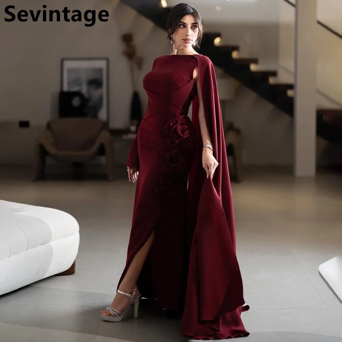 Sevintage 2025 Mermaid Satin Burgundy Evening Dress Wedding Party Cape Sleeve Prom Dress Saudi Arabic Party Gown Customized
Sevintage 2025 Mermaid Satin Burgundy Evening Dress Wedding Party Cape Sleeve Prom Dress Saudi Arabic Party Gown Customized