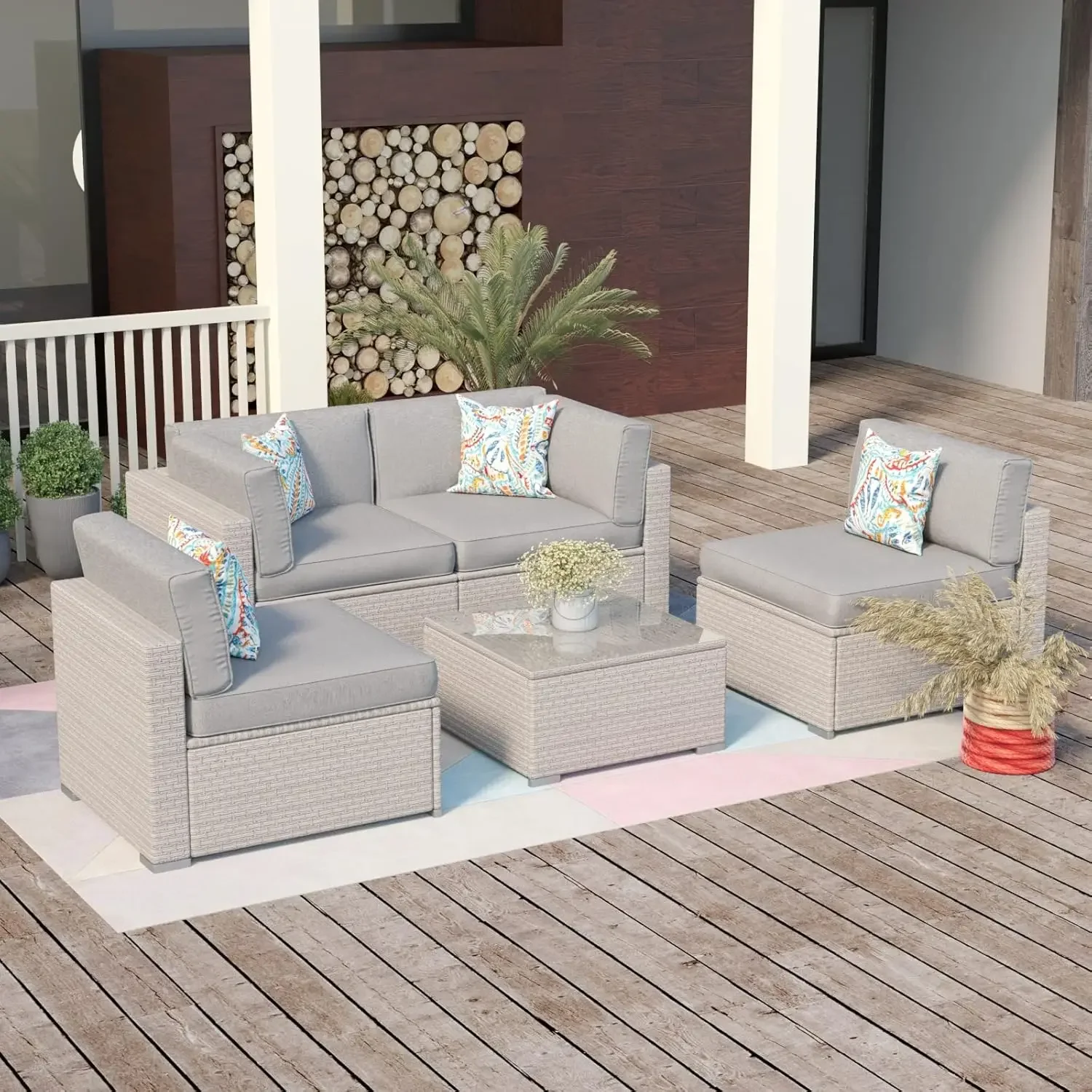 Outdoor 5-Piece Patio Furniture Set, PE Rattan Sectional Wicker Sofa, 4 Pillow and Coffee Table for Backyard Garden
Outdoor 5-Piece Patio Furniture Set, PE Rattan Sectional Wicker Sofa, 4 Pillow and Coffee Table for Backyard Garden