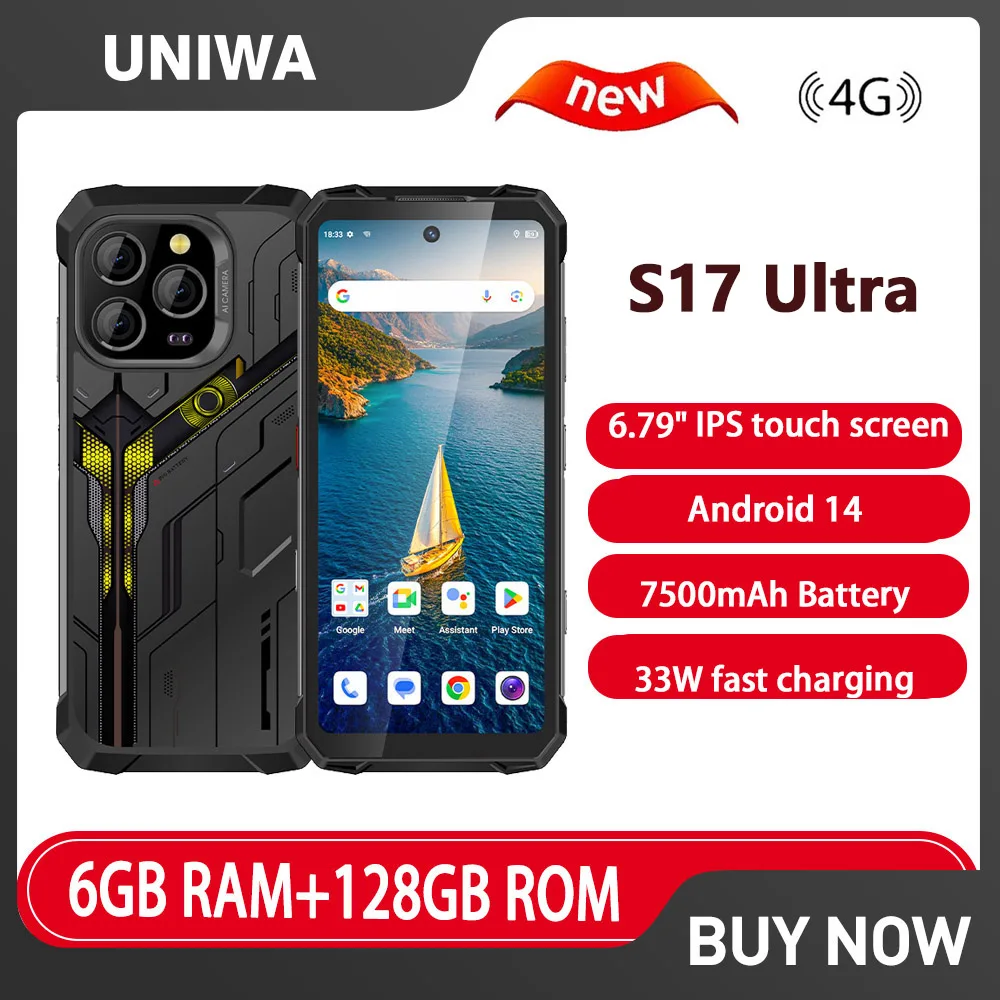 UNIWA S17 Ultra 4G Rugged Phone Smartphone 6.79" MTK G85 6GB+128GB 20MP infrared night vision camera 7500mAh IP68 NFC Android 14
UNIWA S17 Ultra 4G Rugged Phone Smartphone 6.79" MTK G85 6GB+128GB 20MP infrared night vision camera 7500mAh IP68 NFC Android 14