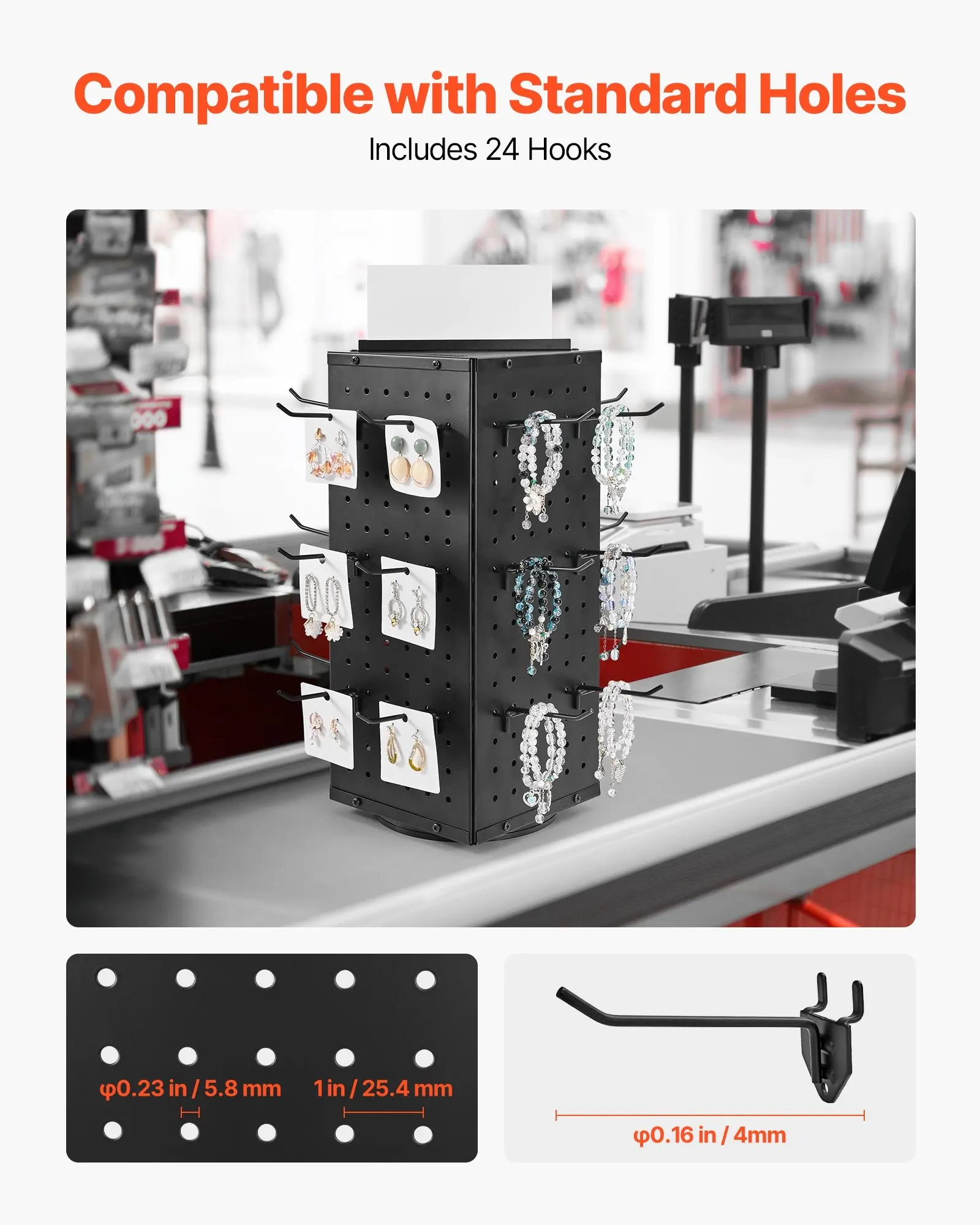 Rotating Pegboard Display Stand, 7.4 X 7.4 X 17 In 4-Sided Spinning Peg Board Display With 24 Hooks, Thickened Cold-Rolled Steel Craft Rack Organizer For Grocery Retail Store Jewelry Shop, Black
Rotating Pegboard Display Stand, 7.4 X 7.4 X 17 In 4-Sided Spinning Peg Board Display With 24 Hooks, Thickened Cold-Rolled Steel Craft Rack Organizer For Grocery Retail Store Jewelry Shop, Black