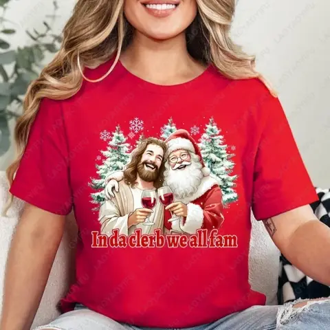 Camiseta divertida de Navidad de Papá Noel y Jesús, camiseta para beber en vacaciones, camisetas de vacaciones, camiseta de manga corta de algodón de alta calidad Unisex a la moda